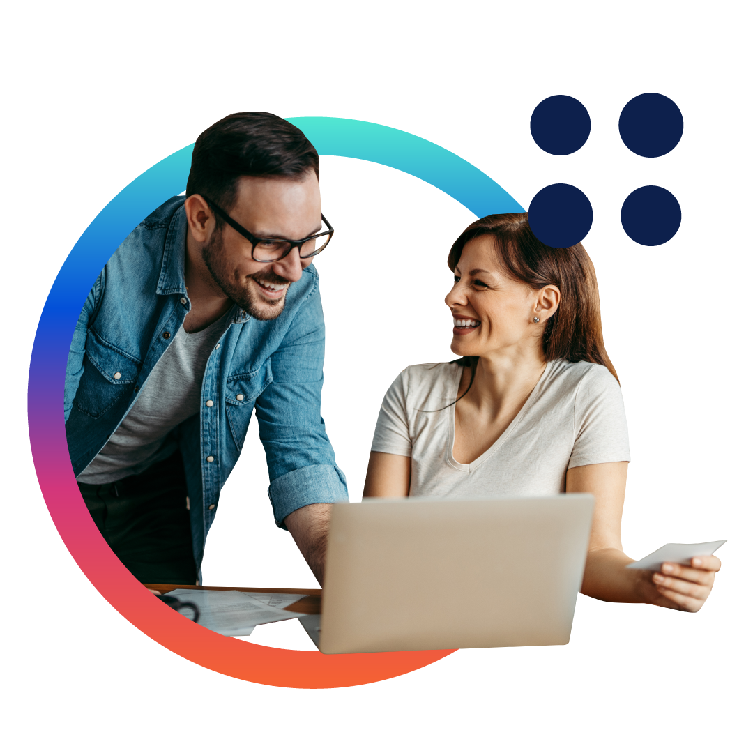 A man and woman smiling at a laptop and holding a piece of paper, all surrounded by a bright gradient circle. A man and woman smiling at a laptop and holding a piece of paper, all surrounded by a bright gradient circle.