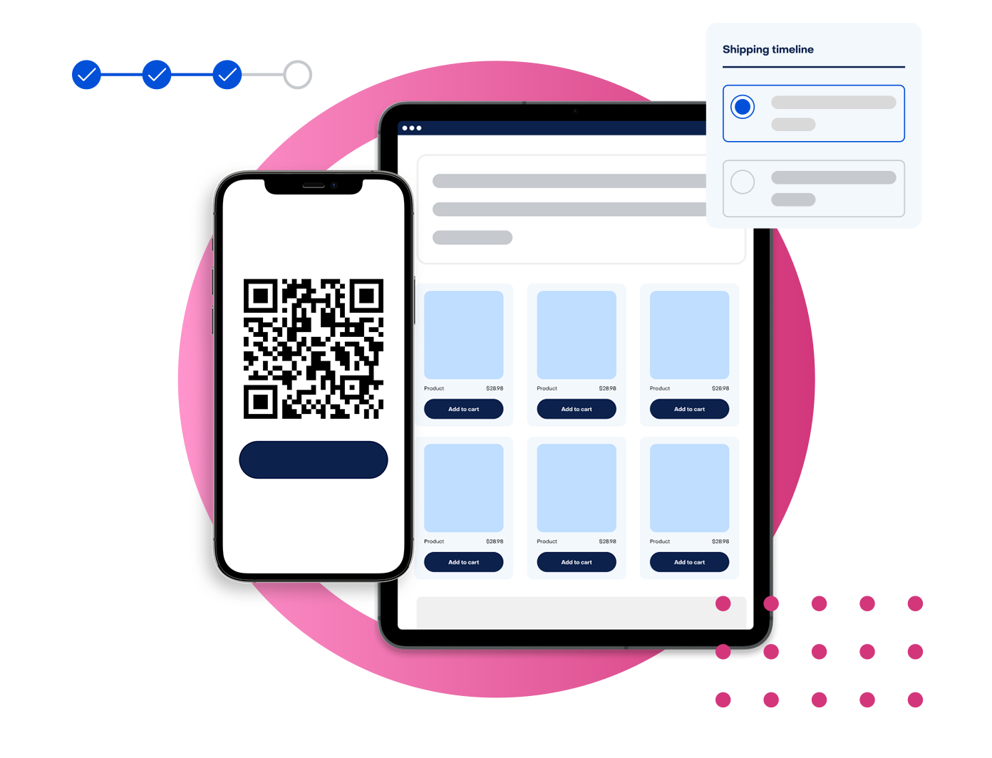 An illustration of the Experlogix Digital Commerce product showing a mobile phone with a QR code and a tablet with a product ecommerce page.