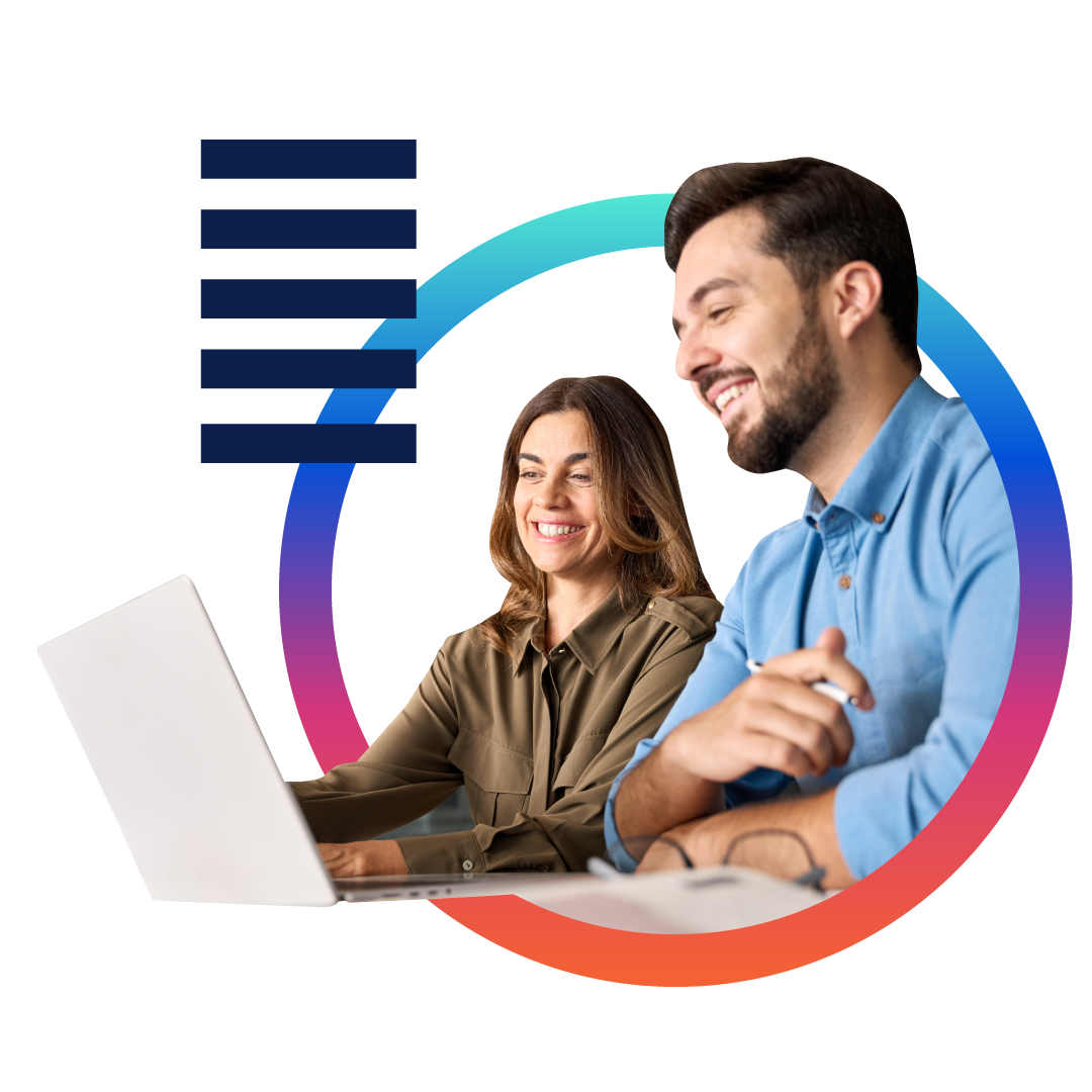 Man and woman looking at a laptop surrounded by a bright gradient circle. Man and woman looking at a laptop surrounded by a bright gradient circle.