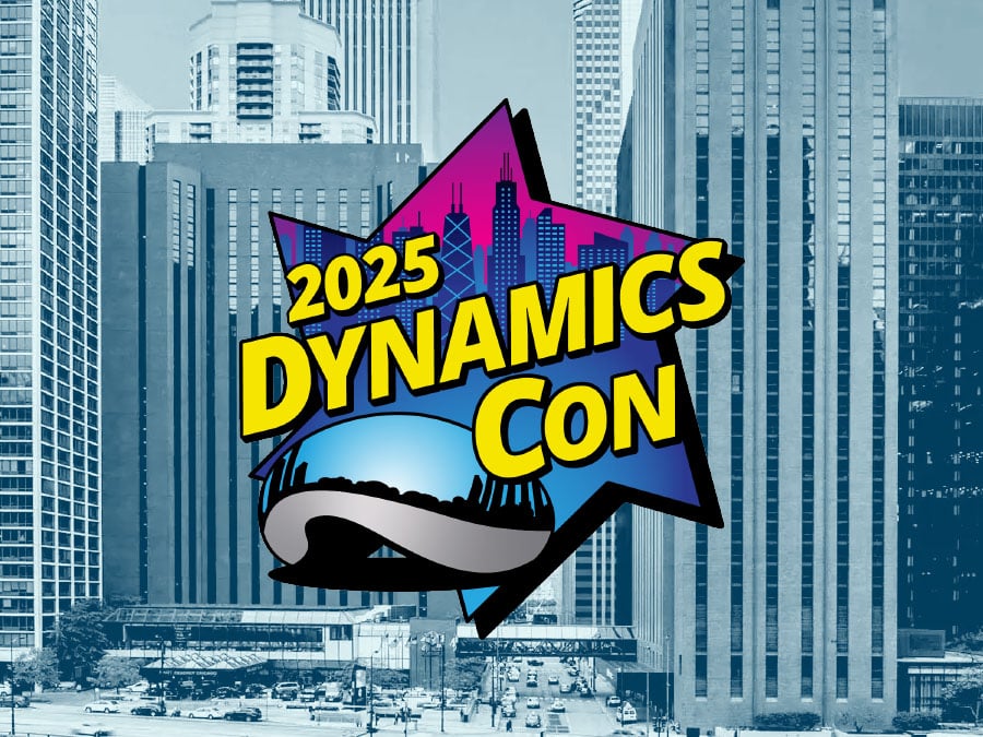 DynamicsCon logo on a background of downtown Chicago