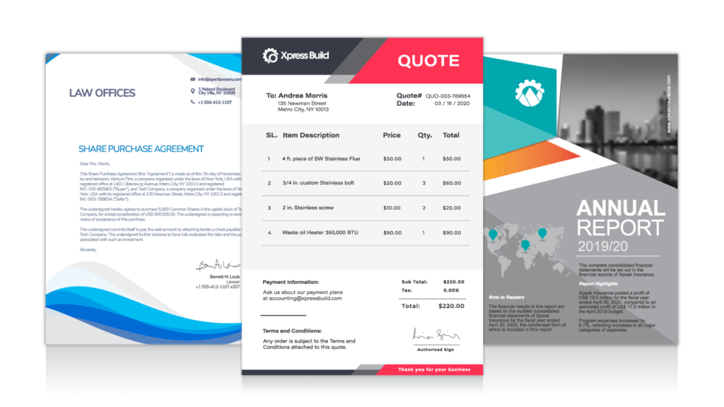 Experlogix Document Automation samples of designed and final documents, including annual report, quote, and purchase agreement