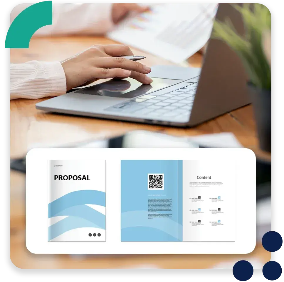 Person working on a laptop with an automated business proposal document displayed Person working on a laptop with an automated business proposal document displayed